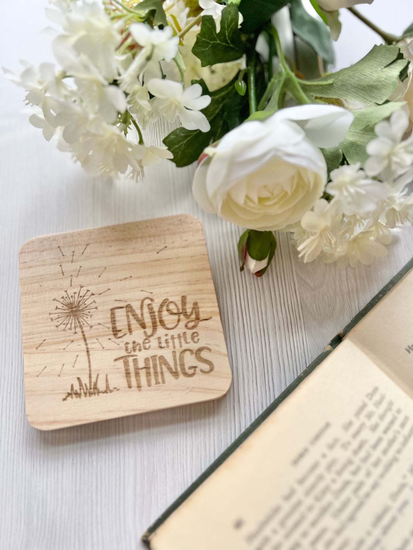 Enjoy the little things engraved wooden coaster
