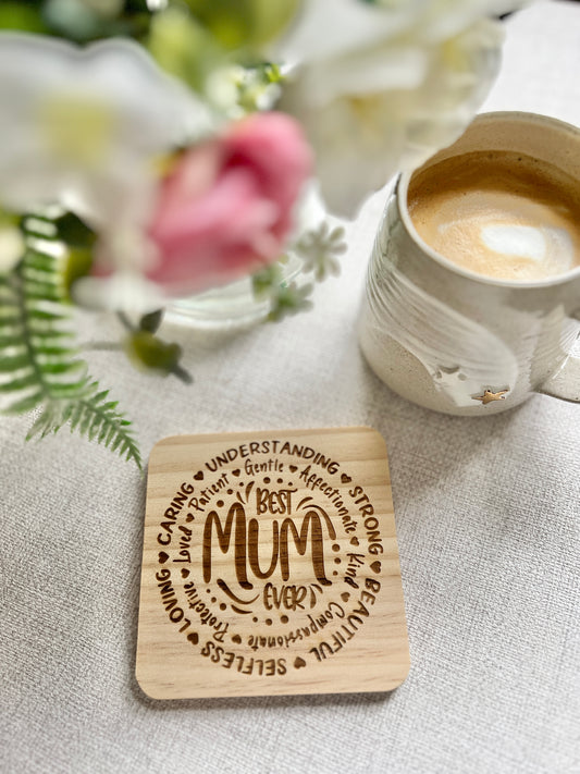 Mum words engraved wooden coaster