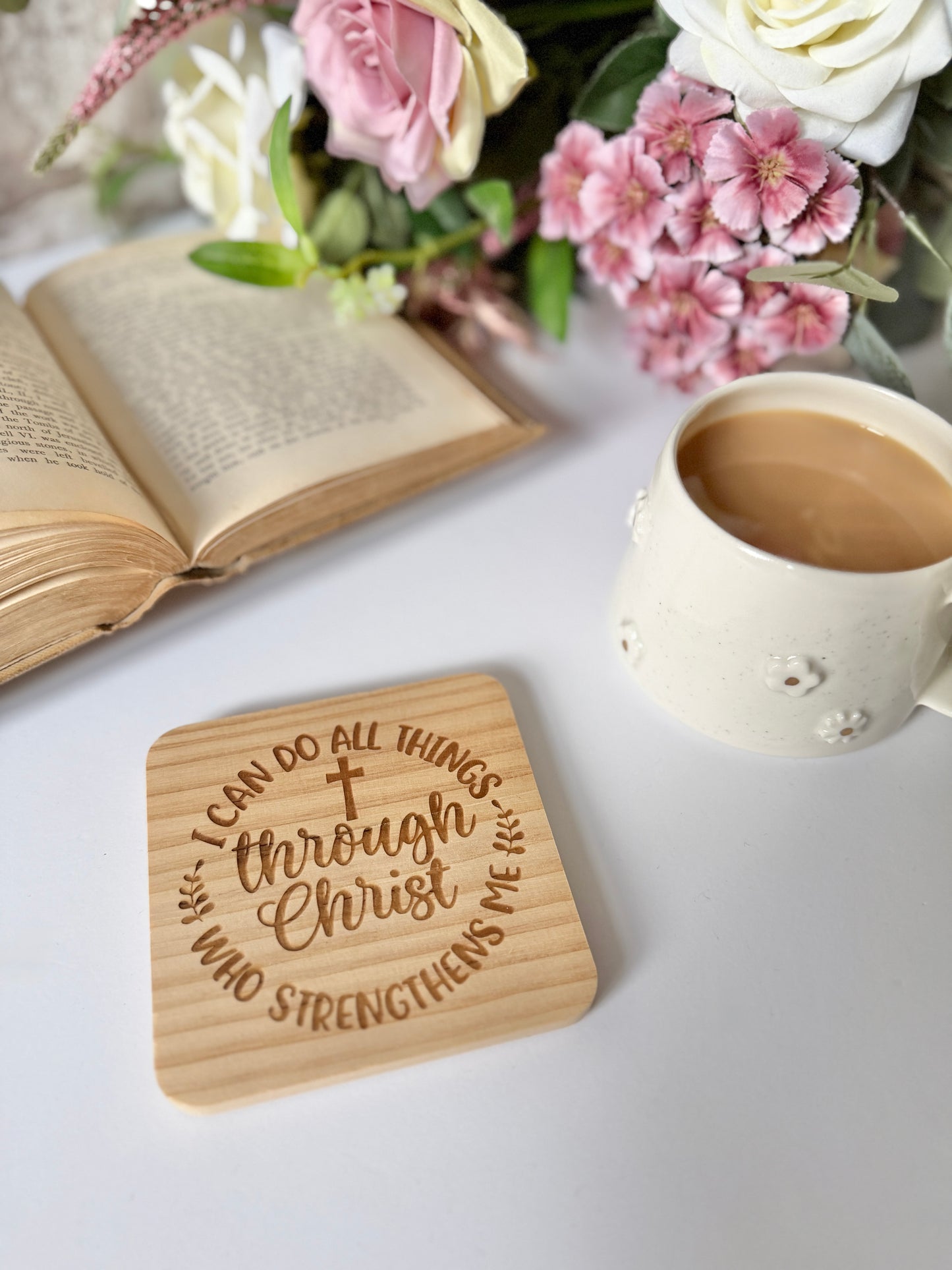 I can do all things engraved wooden coaster