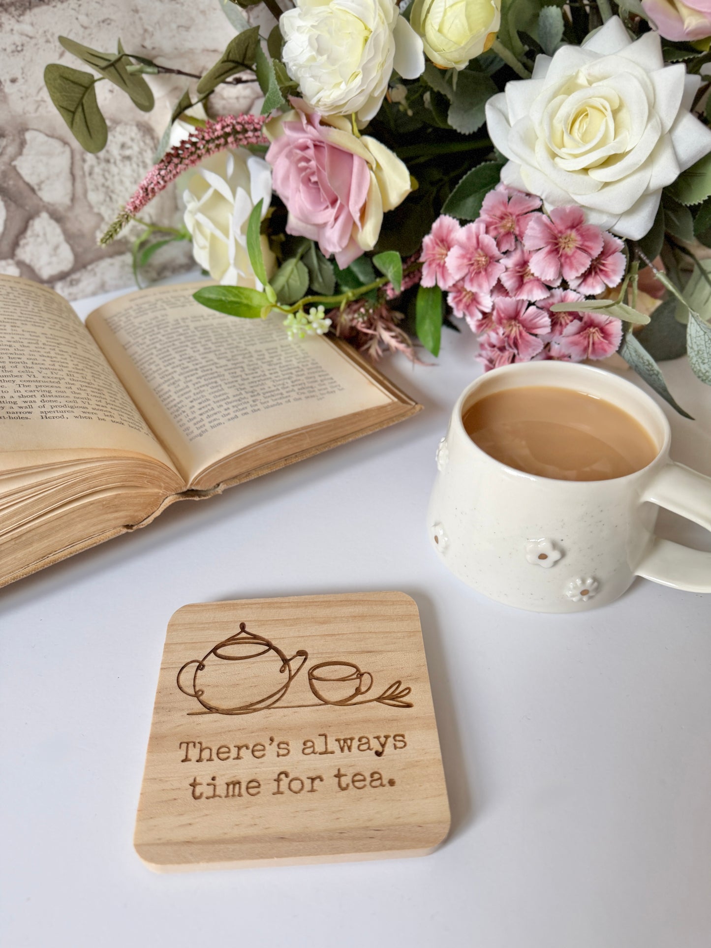 Always time for tea engraved wooden coaster