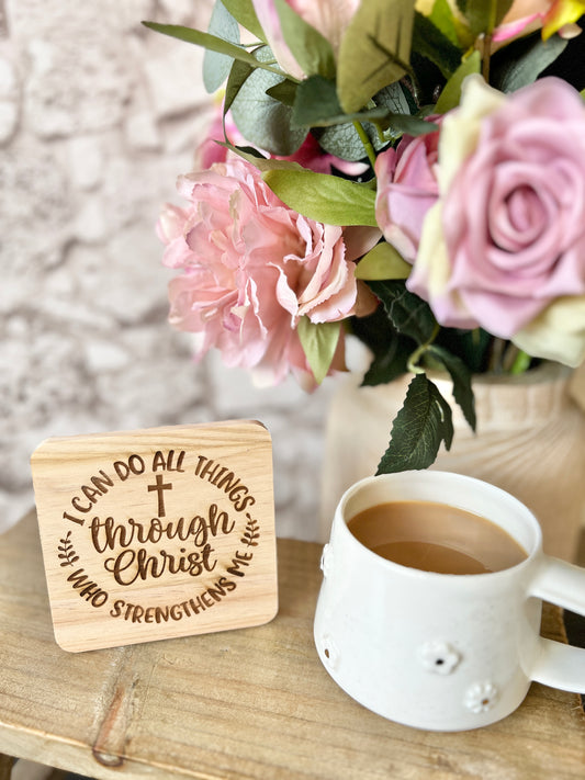 I can do all things engraved wooden coaster