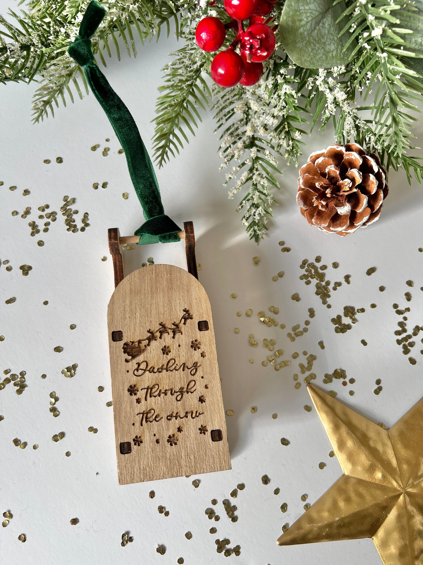Dashing through the snow engraved wooden sleigh tree decoration