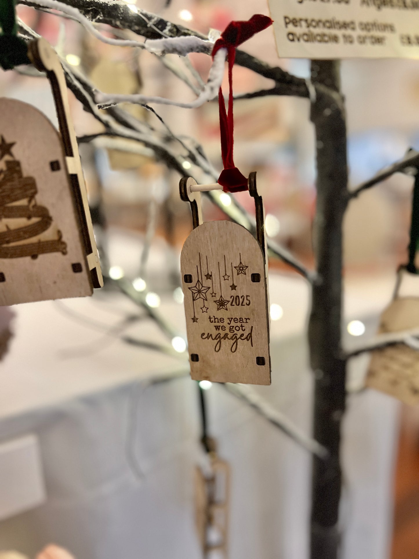 Engaged 2025 engraved wooden sleigh tree decoration