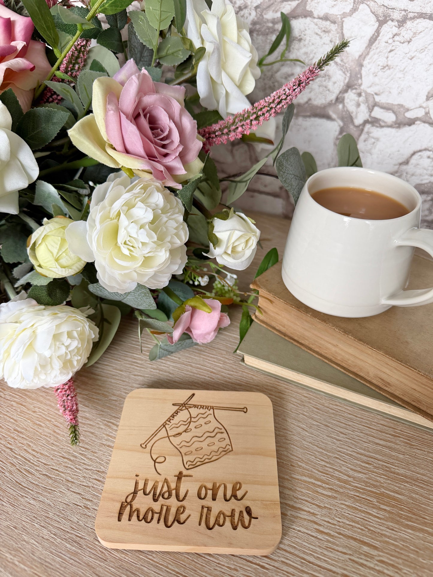 Just one more row engraved wooden coaster