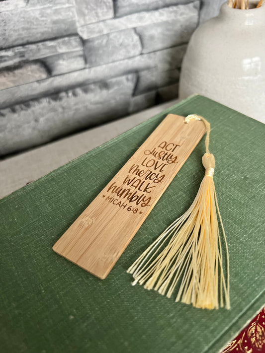 Act justly, love mercy, walk humbly wooden engraved bookmark