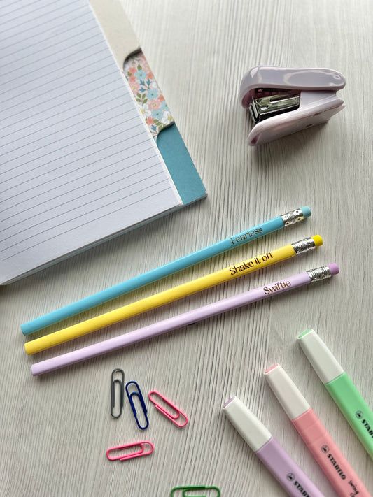 Taylor Swift Inspired Engraved Pencil Pack: 'Shake It Off,' 'Swiftie,' 'Fearless' set