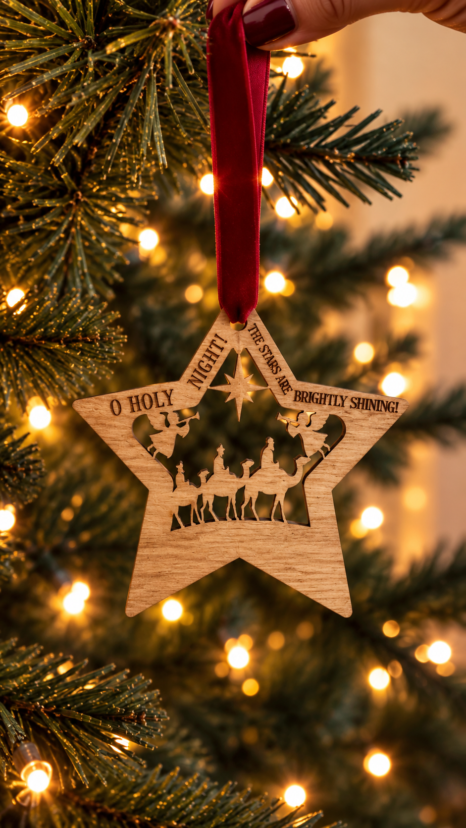 Wooden Nativity Star Christmas Tree Decorations – Set of 5