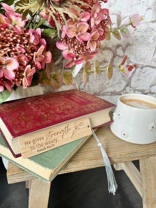 He gives strength wooden engraved bookmark