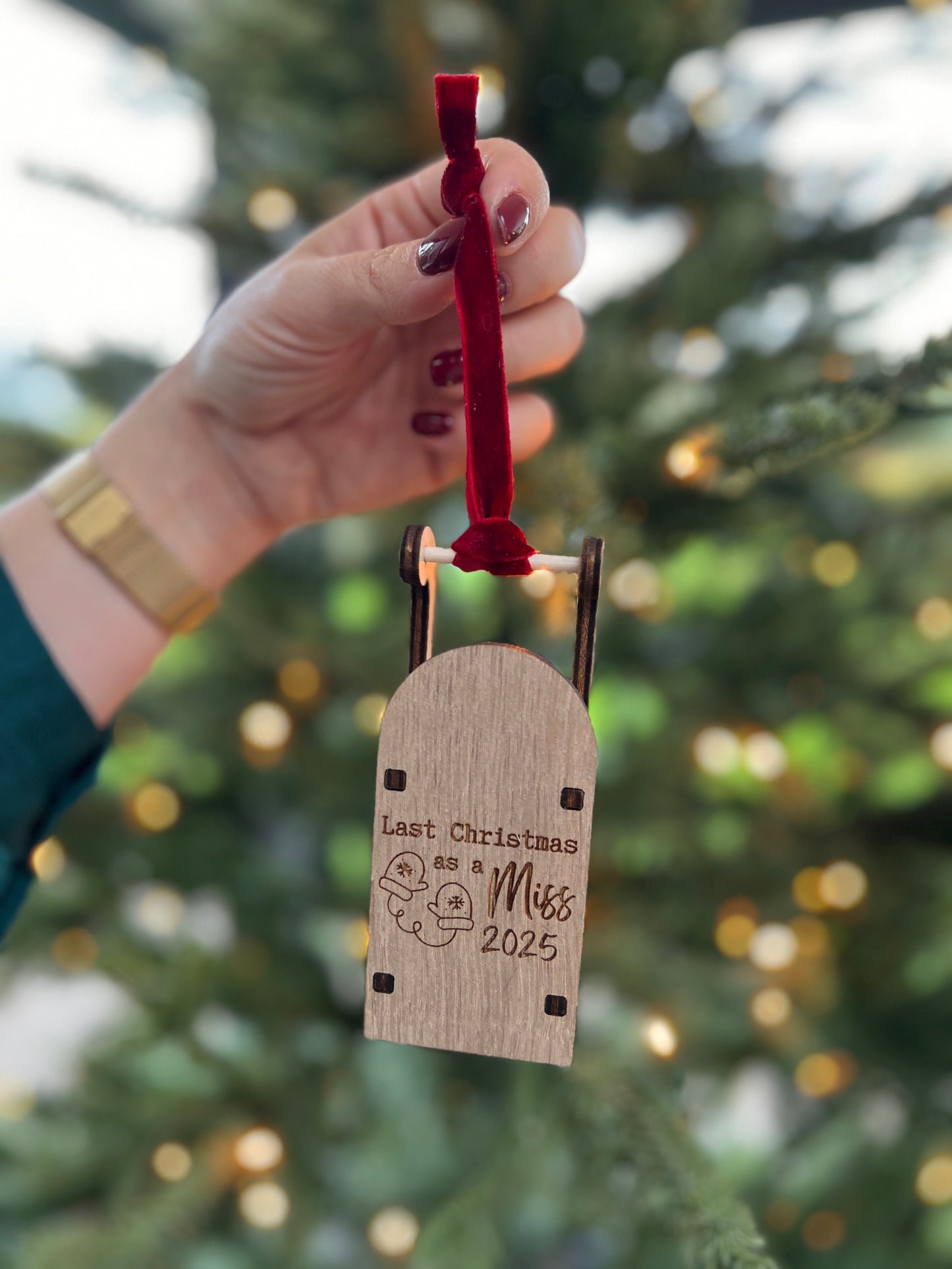 Last Christmas as a Miss engraved wooden sleigh tree decoration
