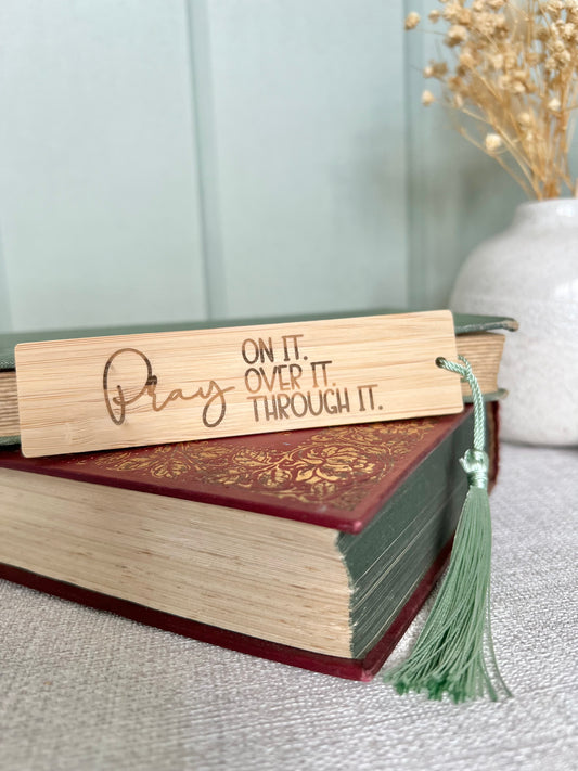Pray on it wooden engraved bookmark