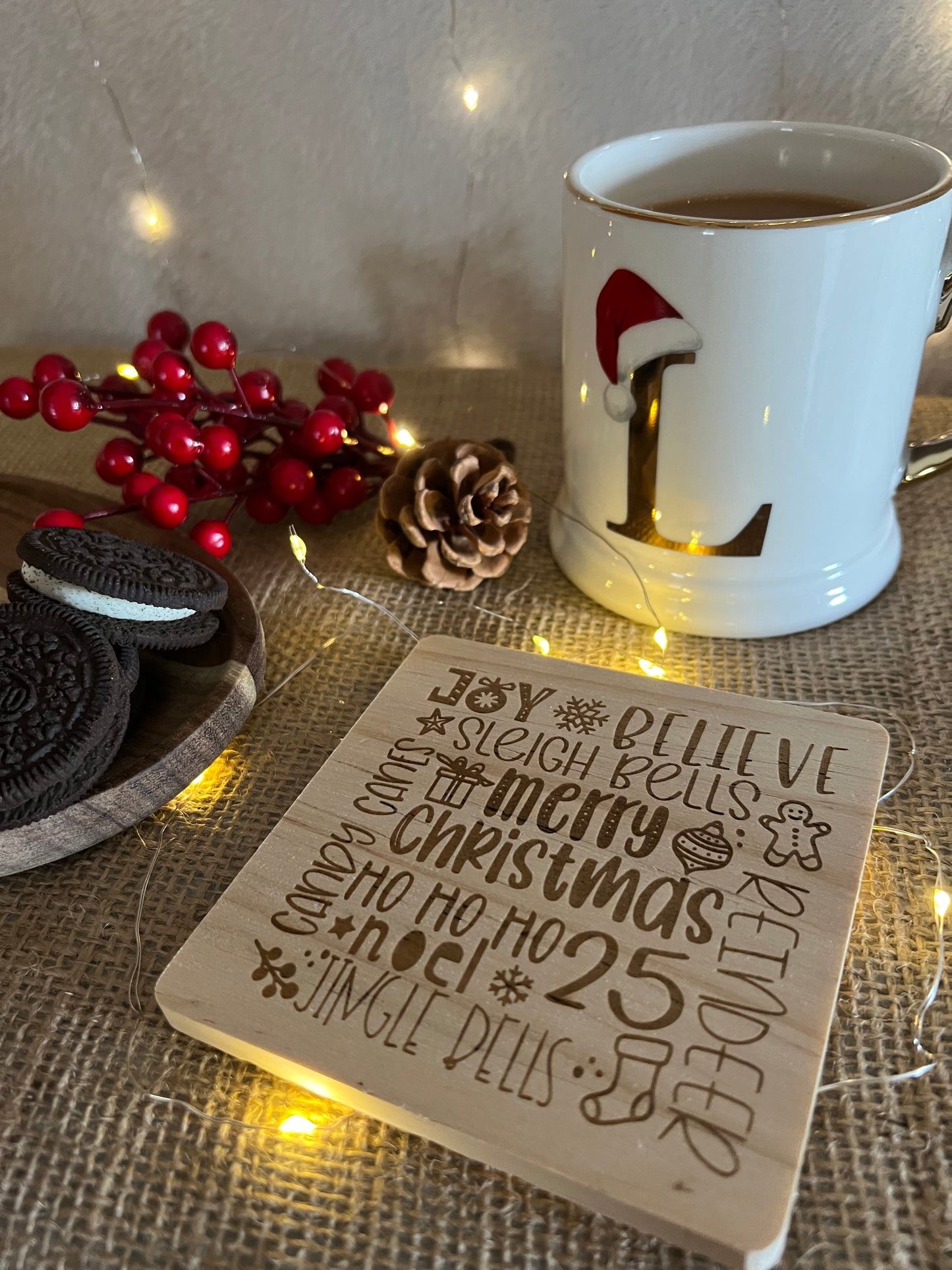 Christmas words wooden engraved coaster