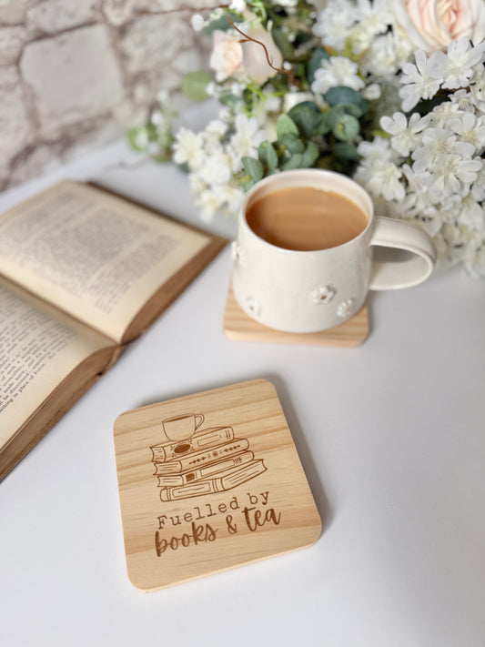 Fuelled by books and tea engraved wooden coaster