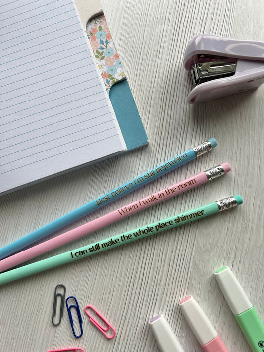 Taylor Swift Inspired Engraved Pencil Pack: 'Best believe I'm bejeweled' 'When I walk in the room' 'I can still make the whole place shimmer' set