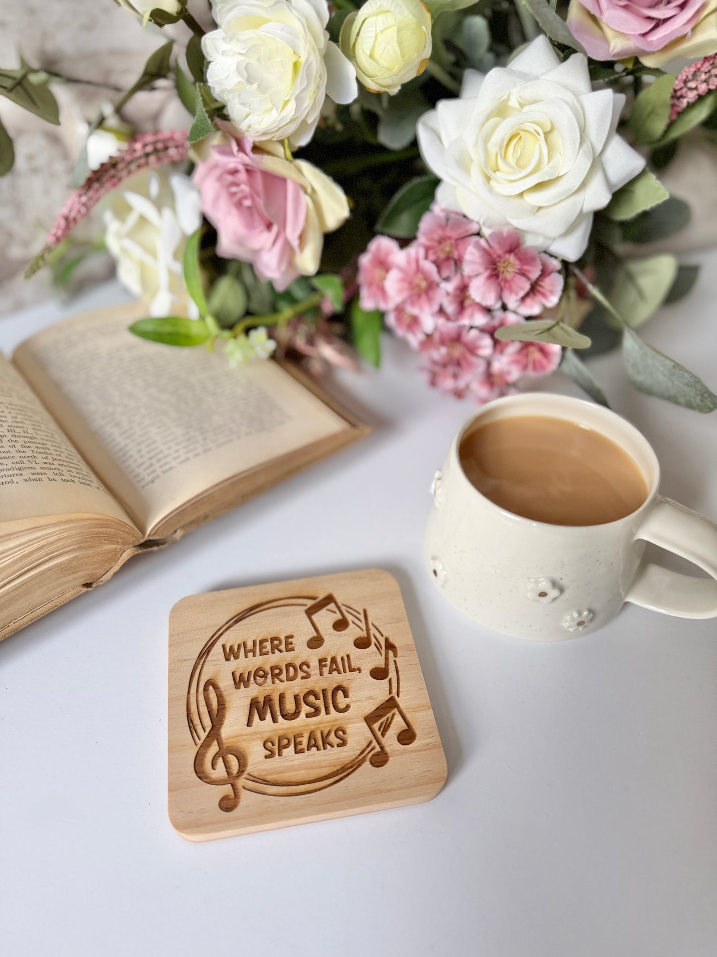 Where words fail, music speaks wooden engraved coaster