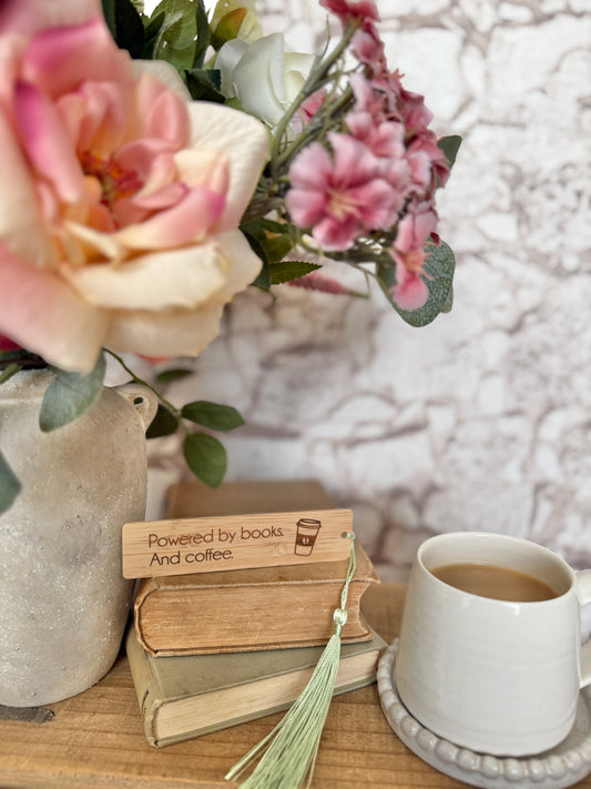 Powered by books and coffee wooden engraved bookmark