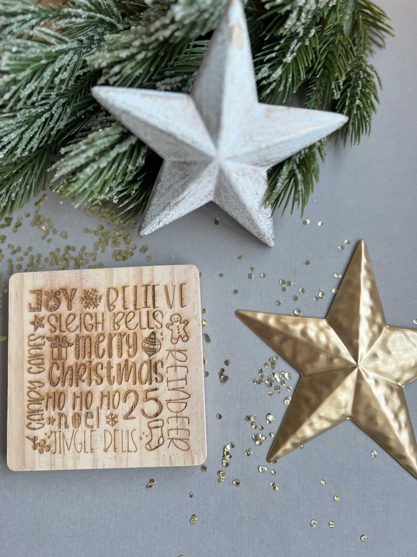 Christmas words wooden engraved coaster