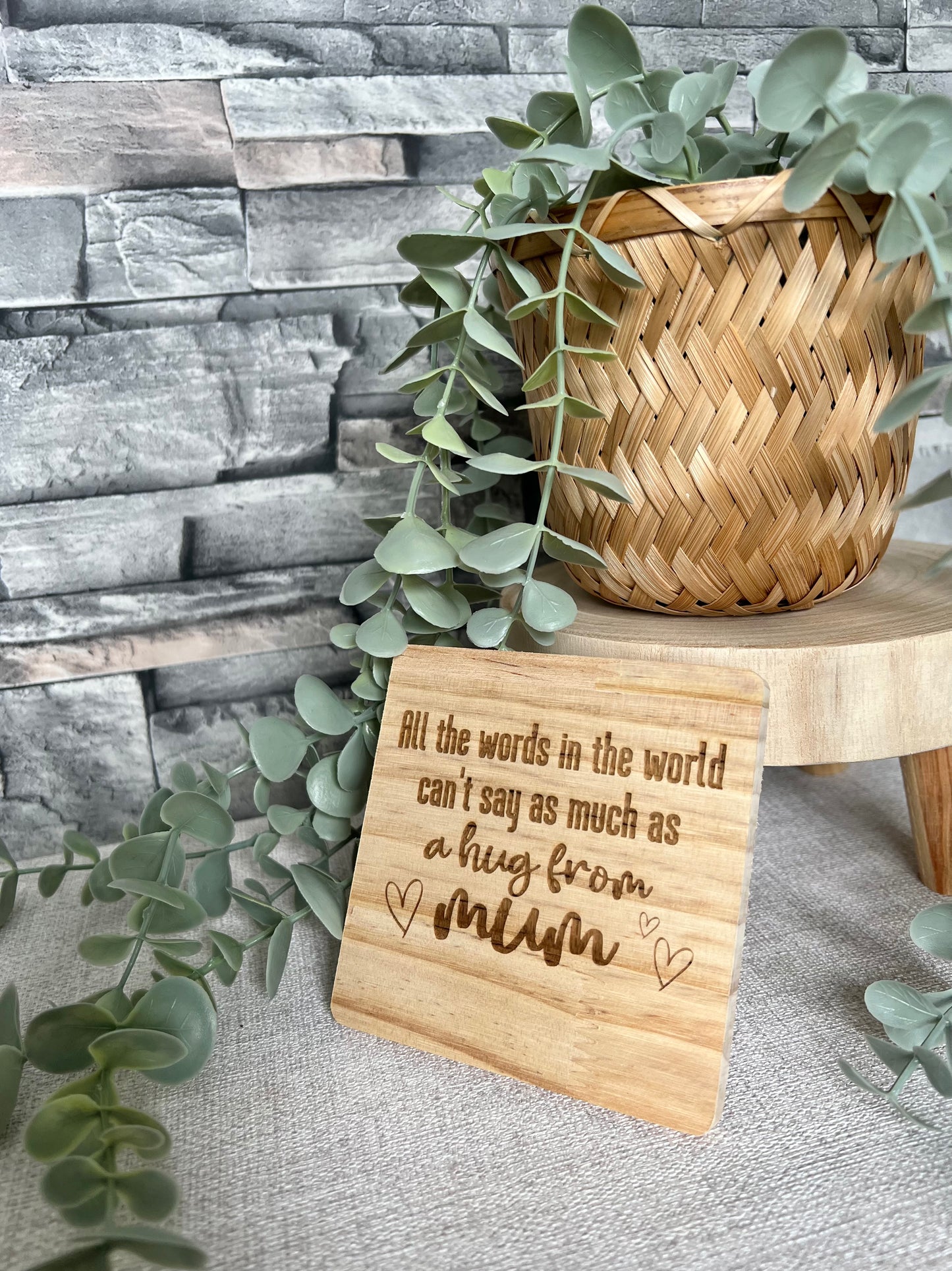 Hug from mum engraved wooden coaster