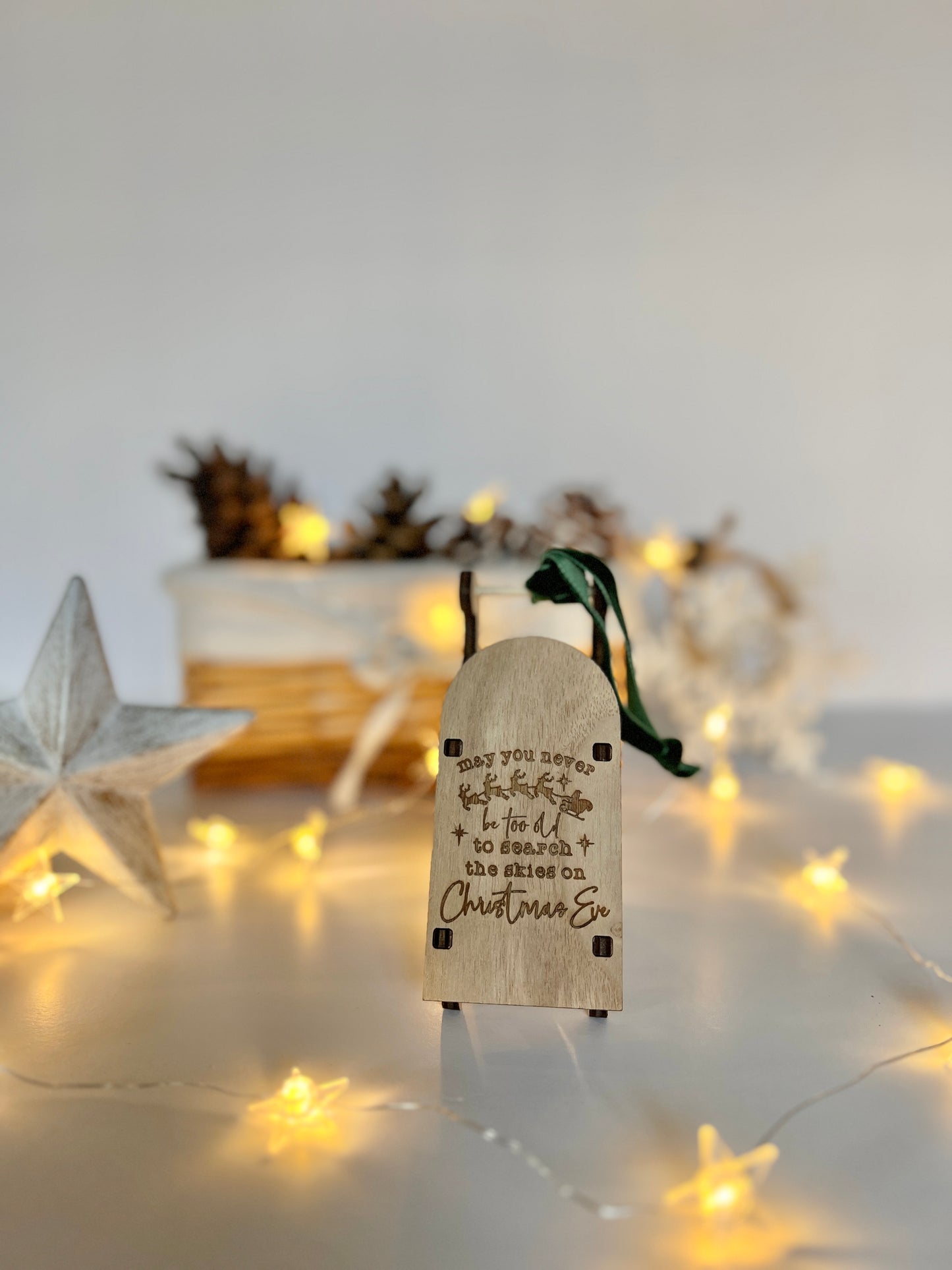 Search the skies memories engraved wooden sleigh tree decoration