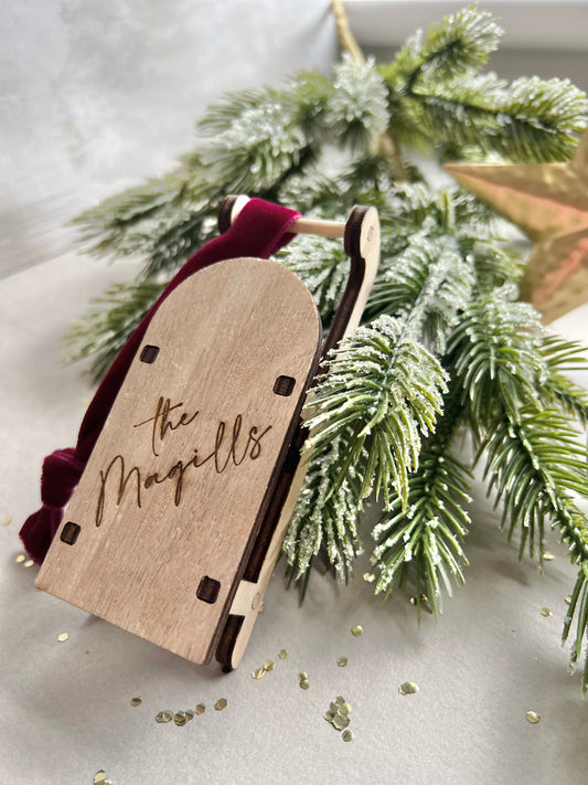 Personalised engraved wooden sleigh tree decoration