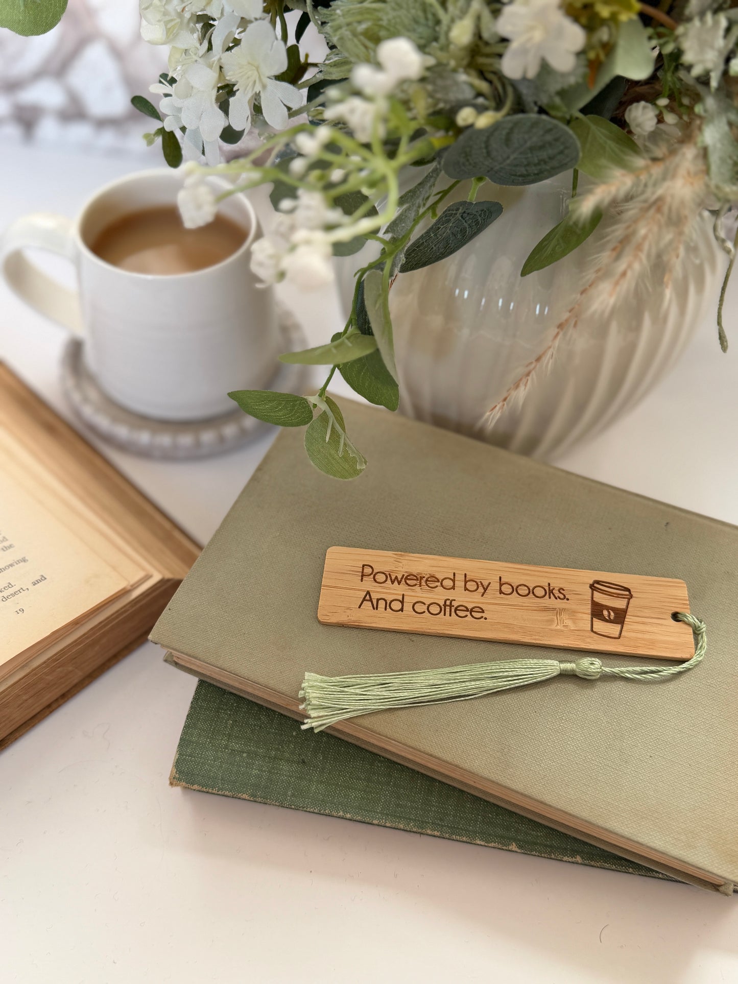 Powered by books and coffee wooden engraved bookmark