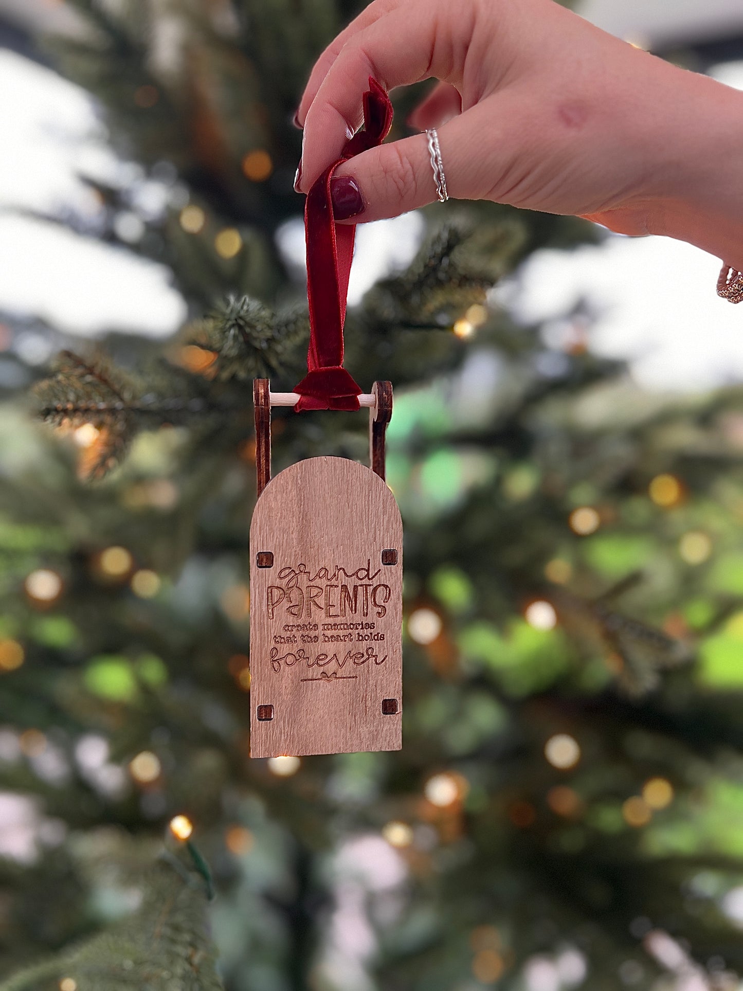 Grandparents create memories engraved wooden sleigh tree decoration