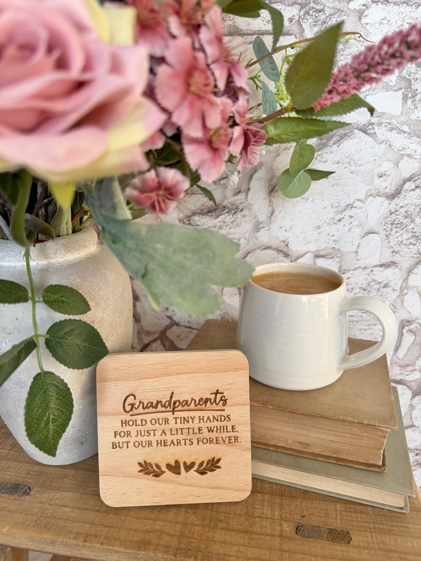 Grandparents hold our tiny hands engraved wooden coaster