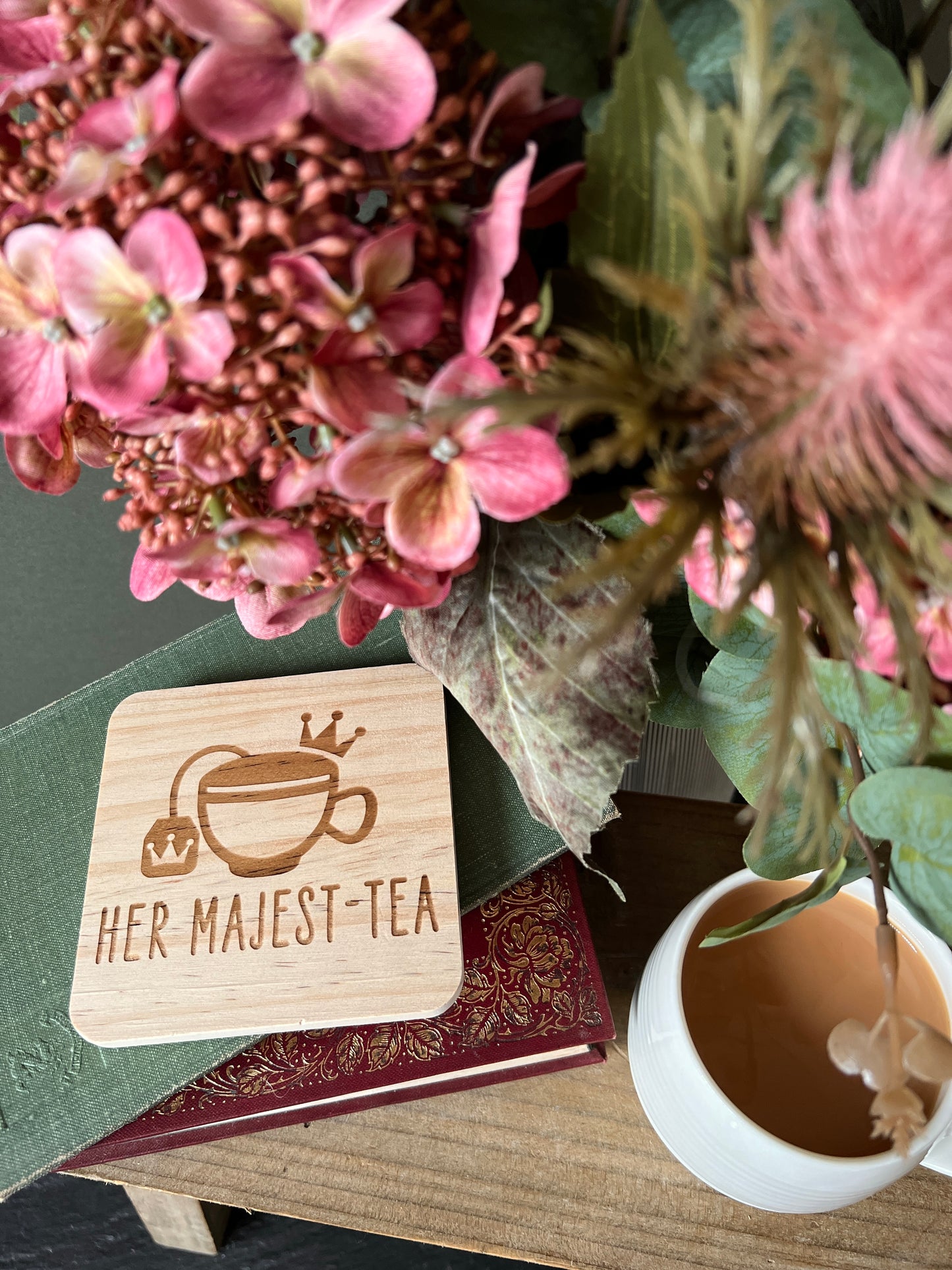Her Majest-tea engraved wooden coaster