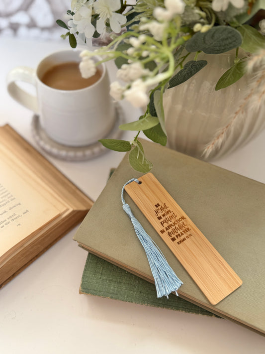 Be joyful in hope wooden engraved bookmark