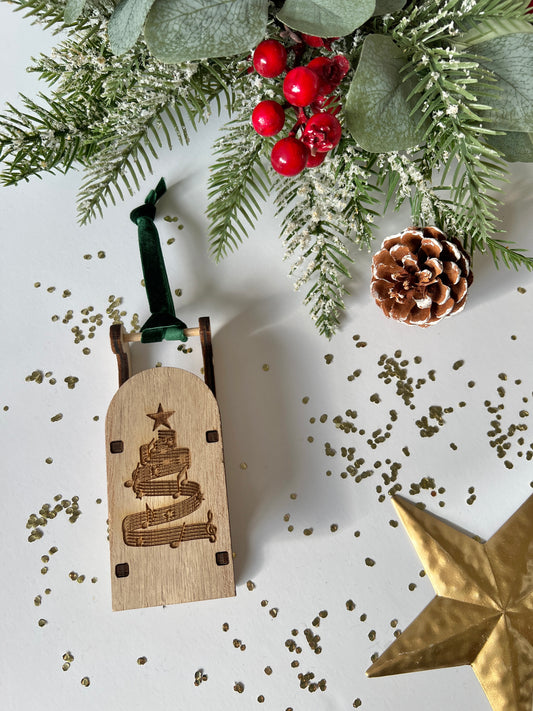 Music tree engraved wooden sleigh tree decoration
