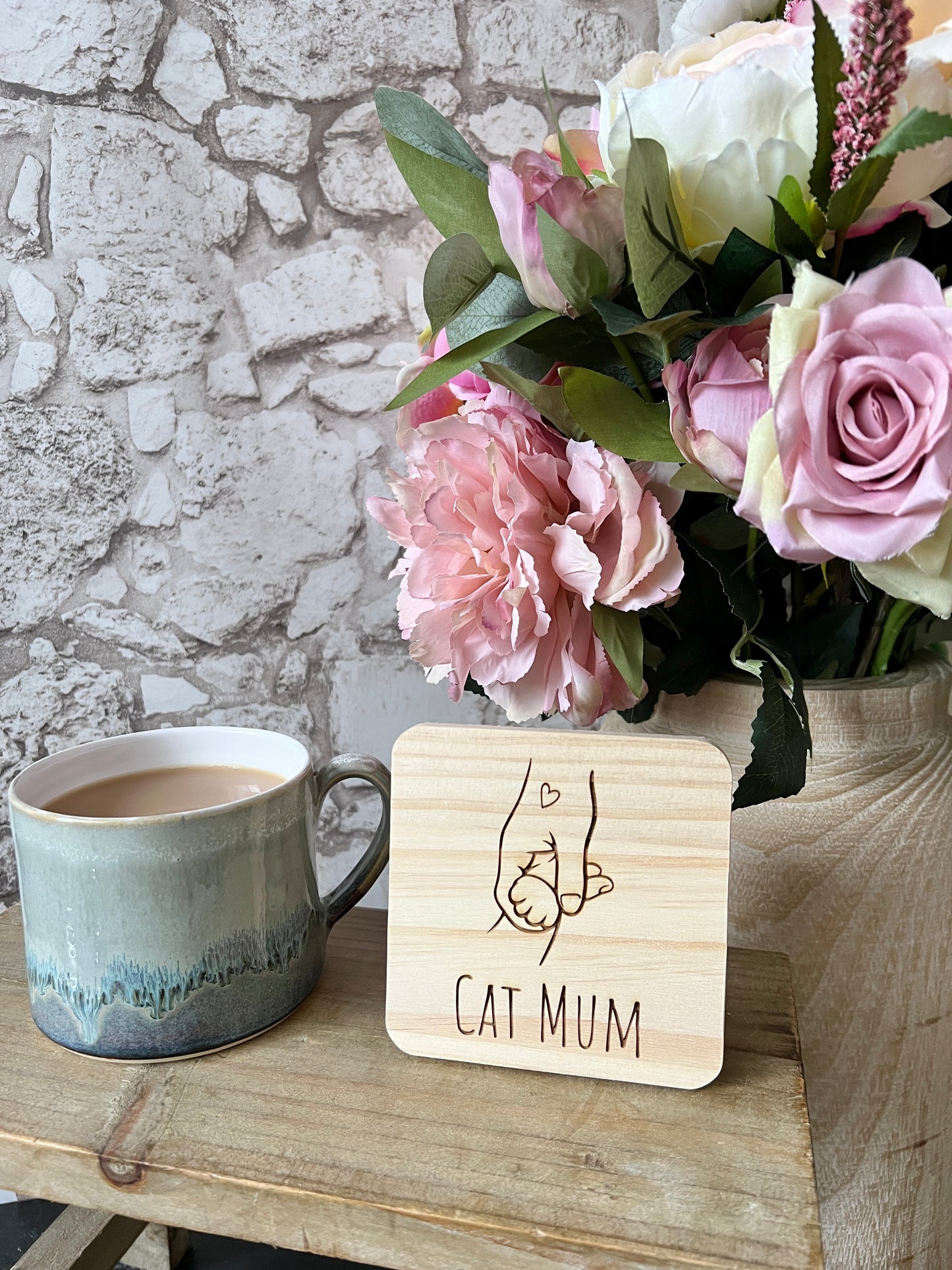 Cat Mum engraved wooden coaster