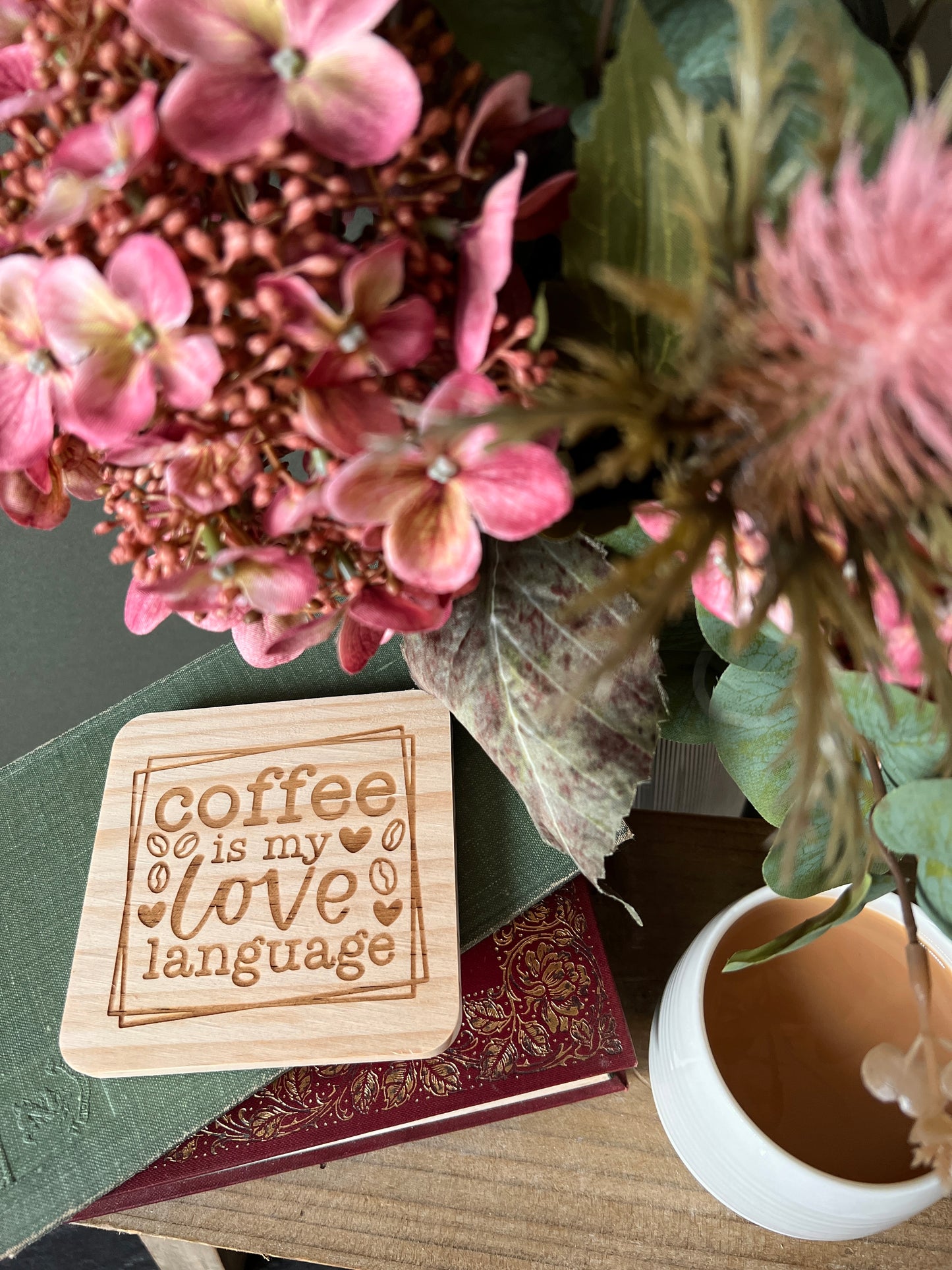 Coffee is my love language engraved wooden coaster