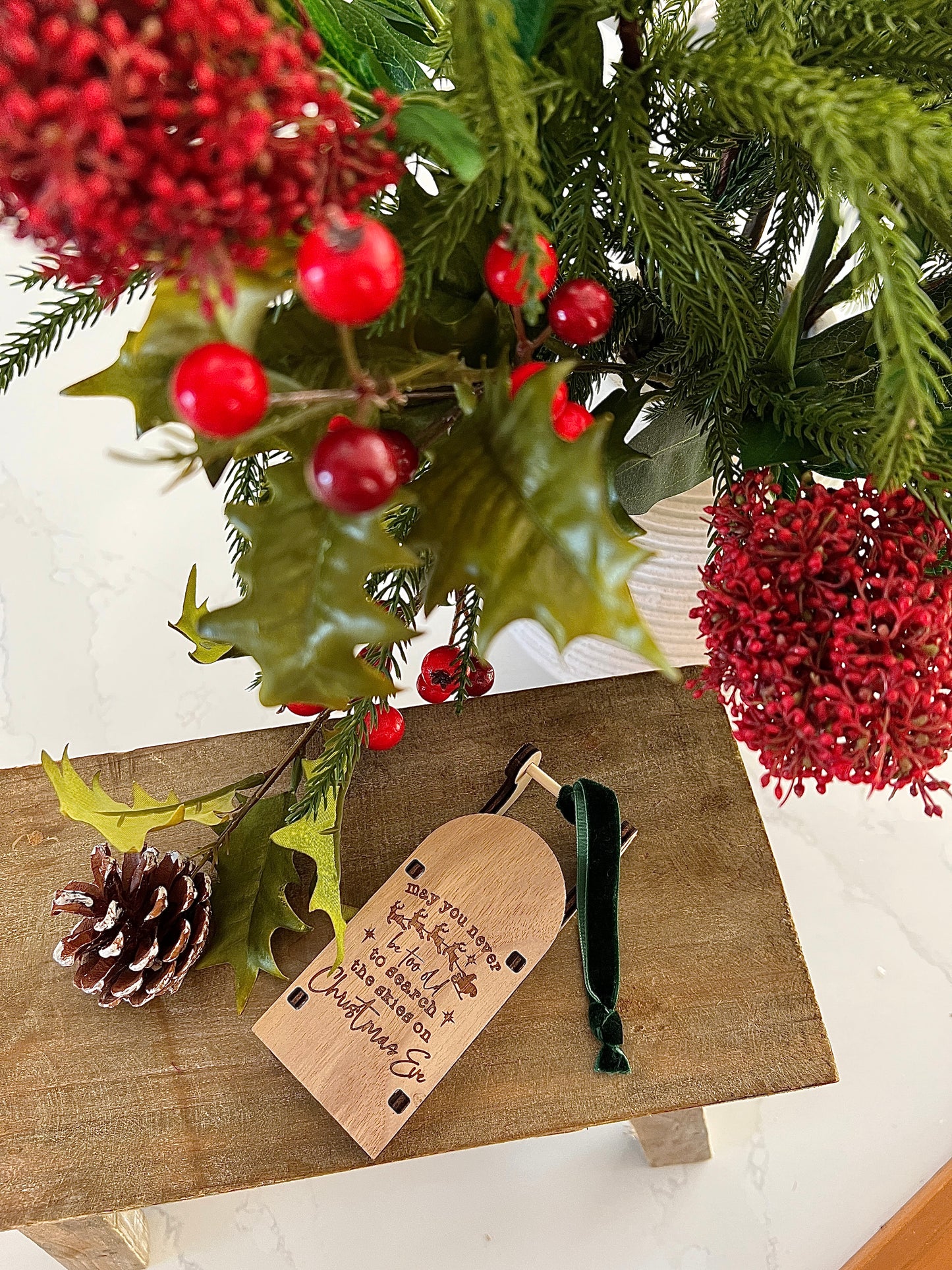 Search the skies memories engraved wooden sleigh tree decoration