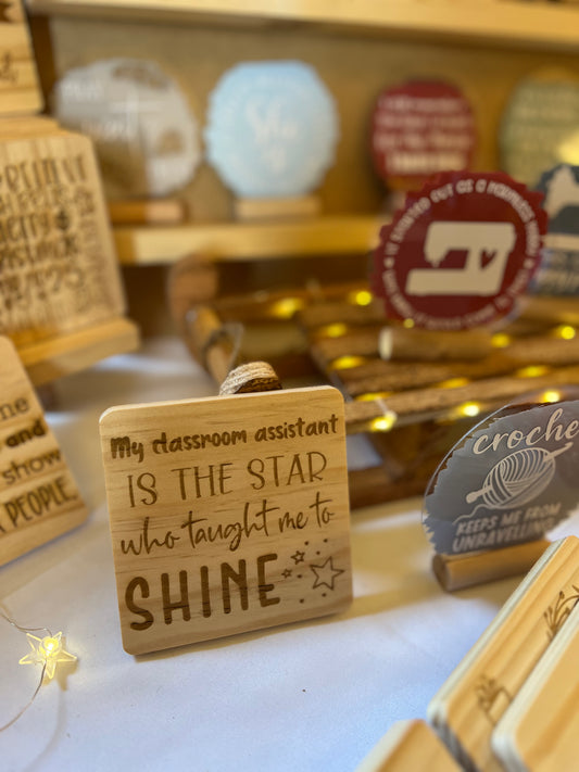 Classroom assistant star engraved wooden coaster