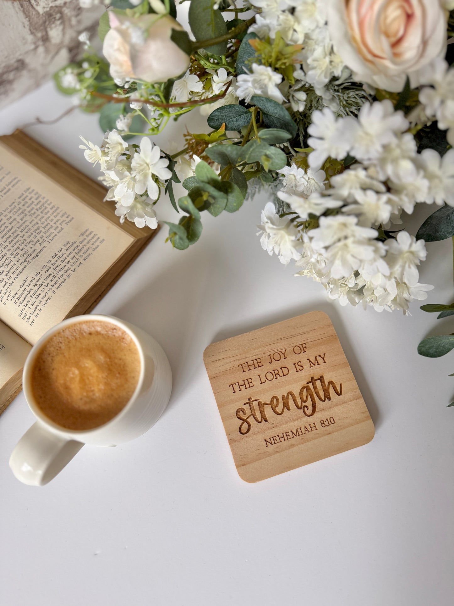 Joy of the Lord engraved wooden coaster