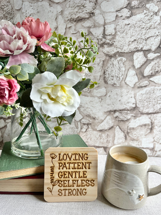 Mum patient, kind, gentle engraved wooden coaster
