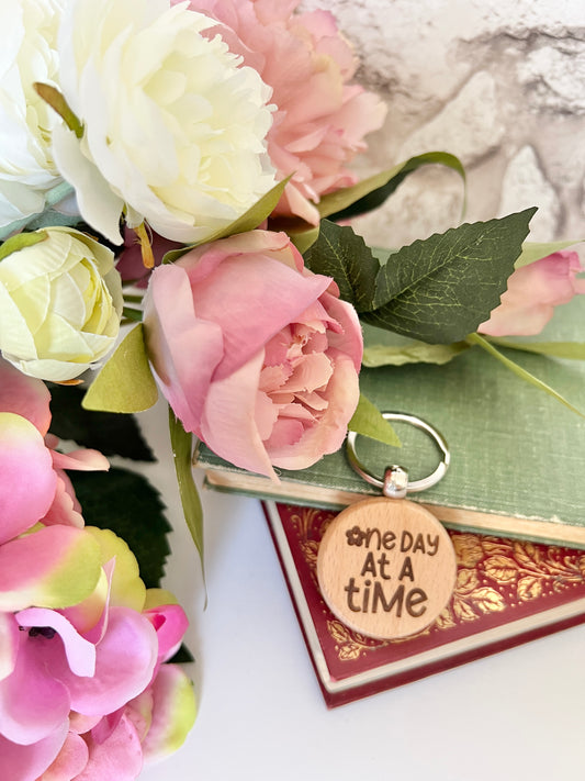 One day at a time engraved wooden keyring