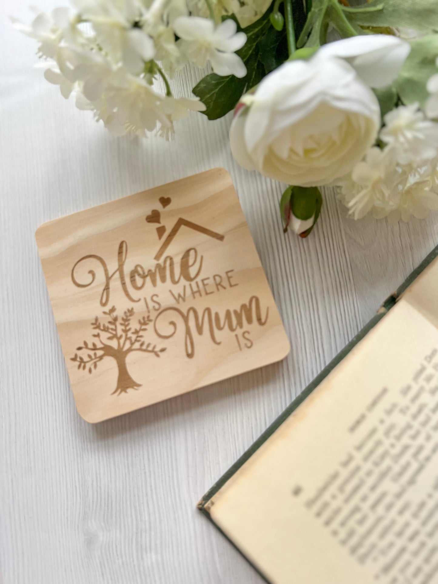 Home is where mum is engraved wooden coaster