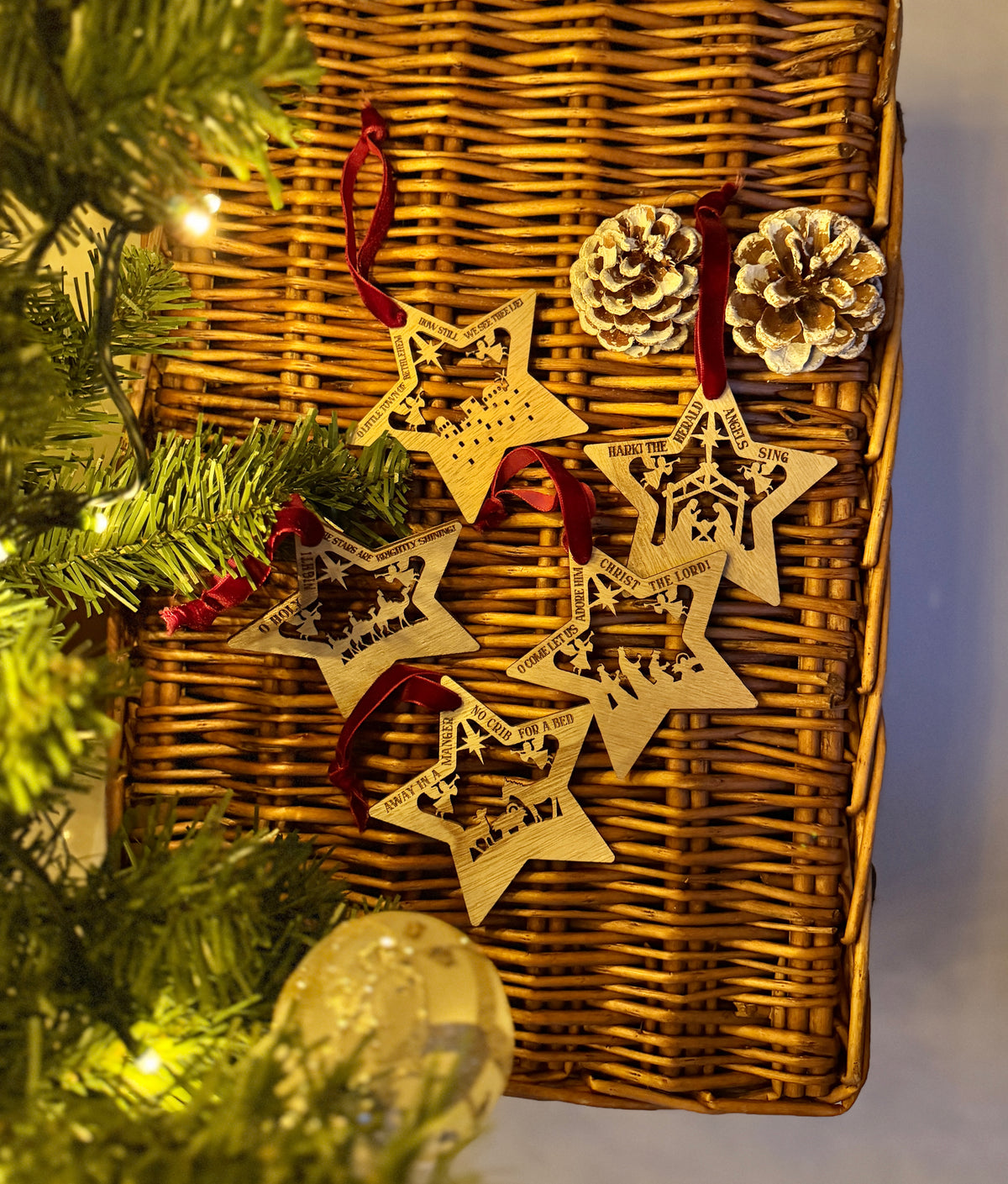 Wooden Nativity Star Christmas Tree Decorations – Set of 5
