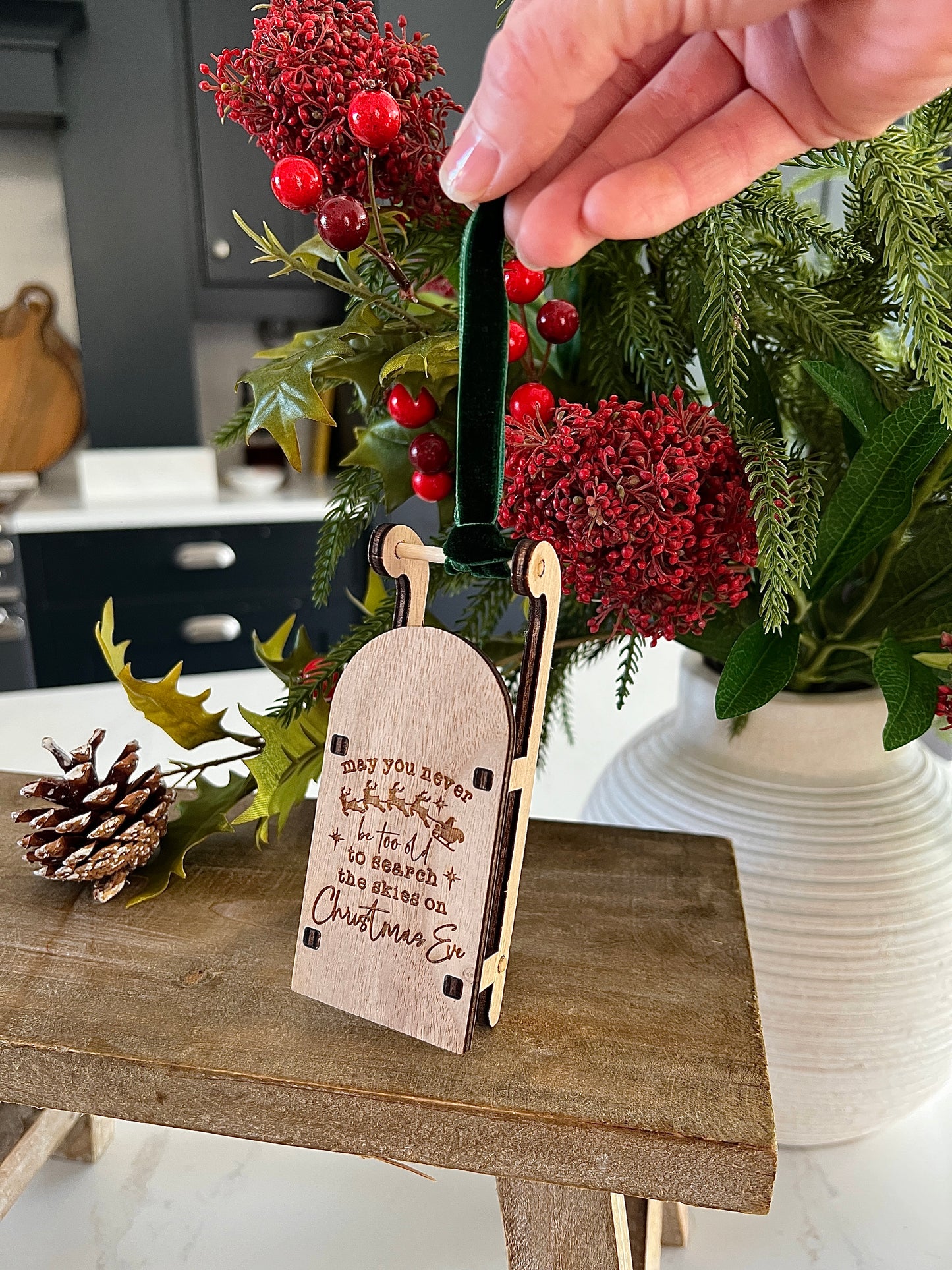 Search the skies memories engraved wooden sleigh tree decoration