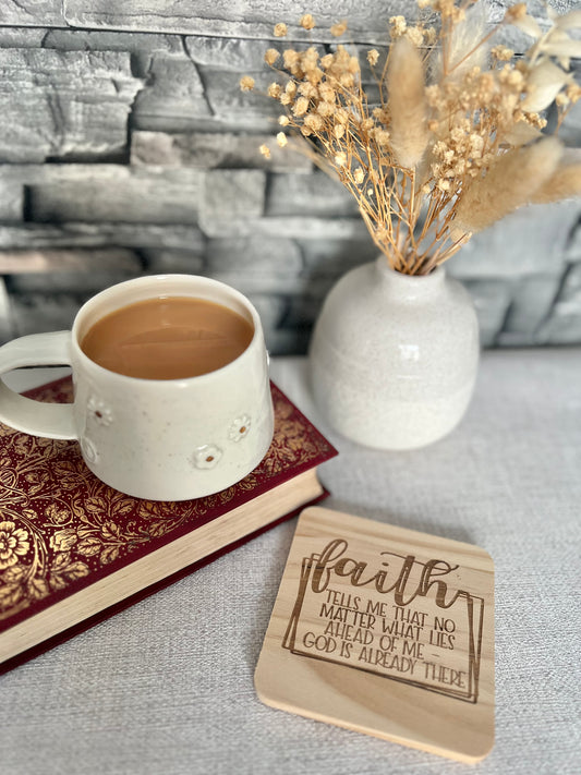 Faith engraved wooden coaster