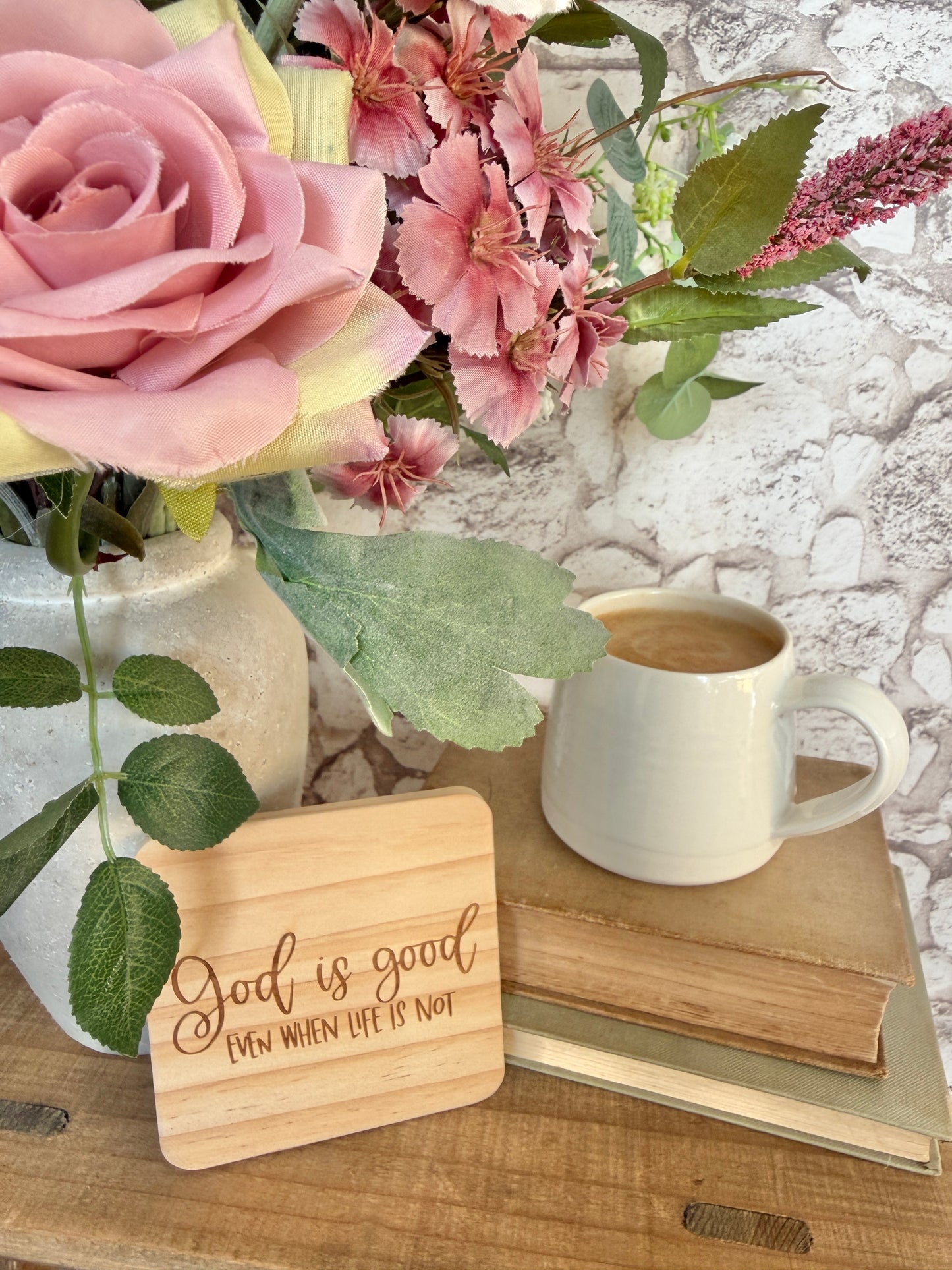 God is good engraved wooden coaster