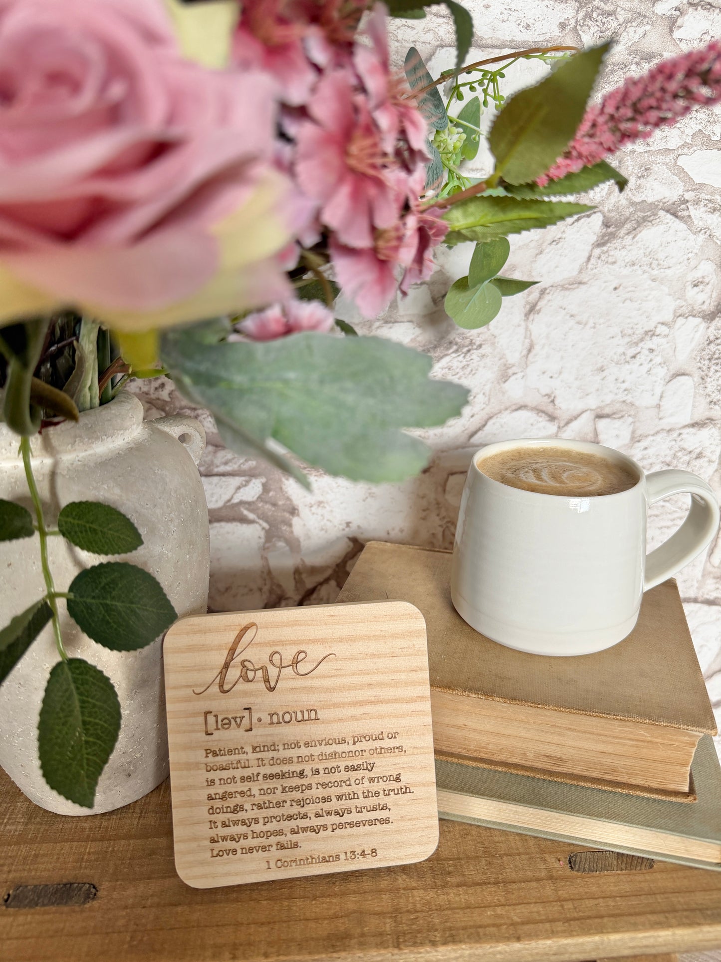 Set of 4 definition engraved wooden coaster