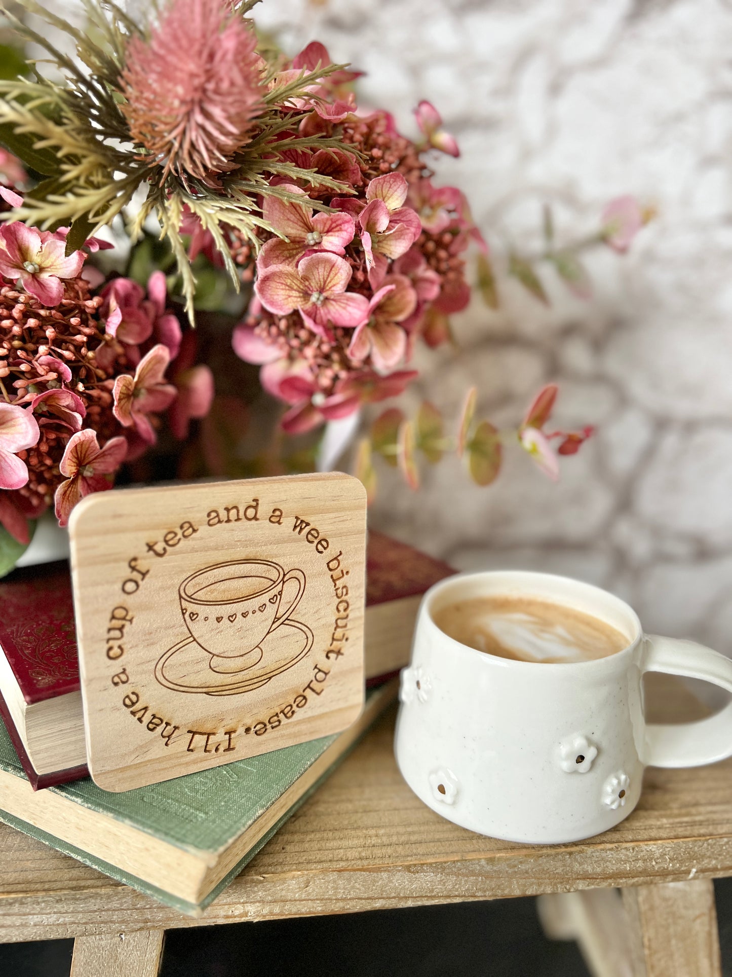 Tea and a wee biscuit engraved wooden coaster