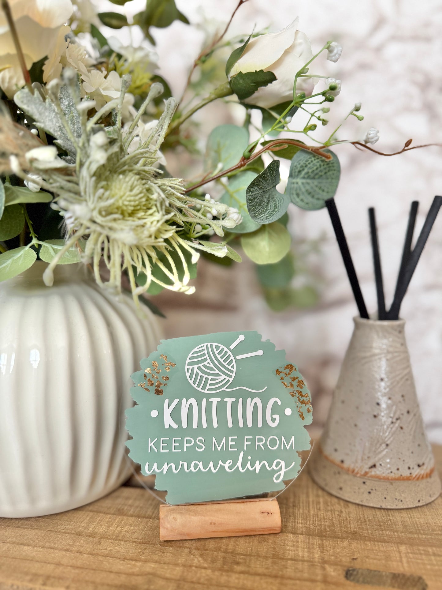 Knitting keeps me from unraveling acrylic plaque