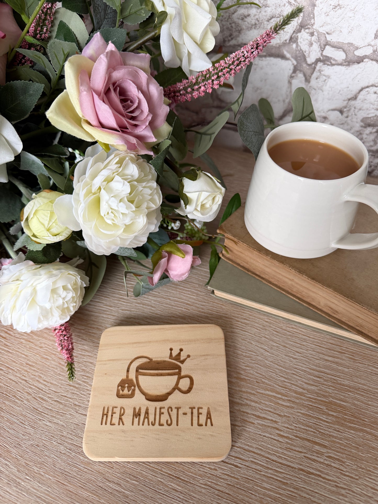 Her Majest-tea engraved wooden coaster