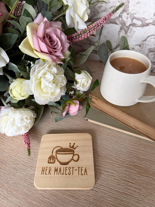 Her Majest-tea engraved wooden coaster