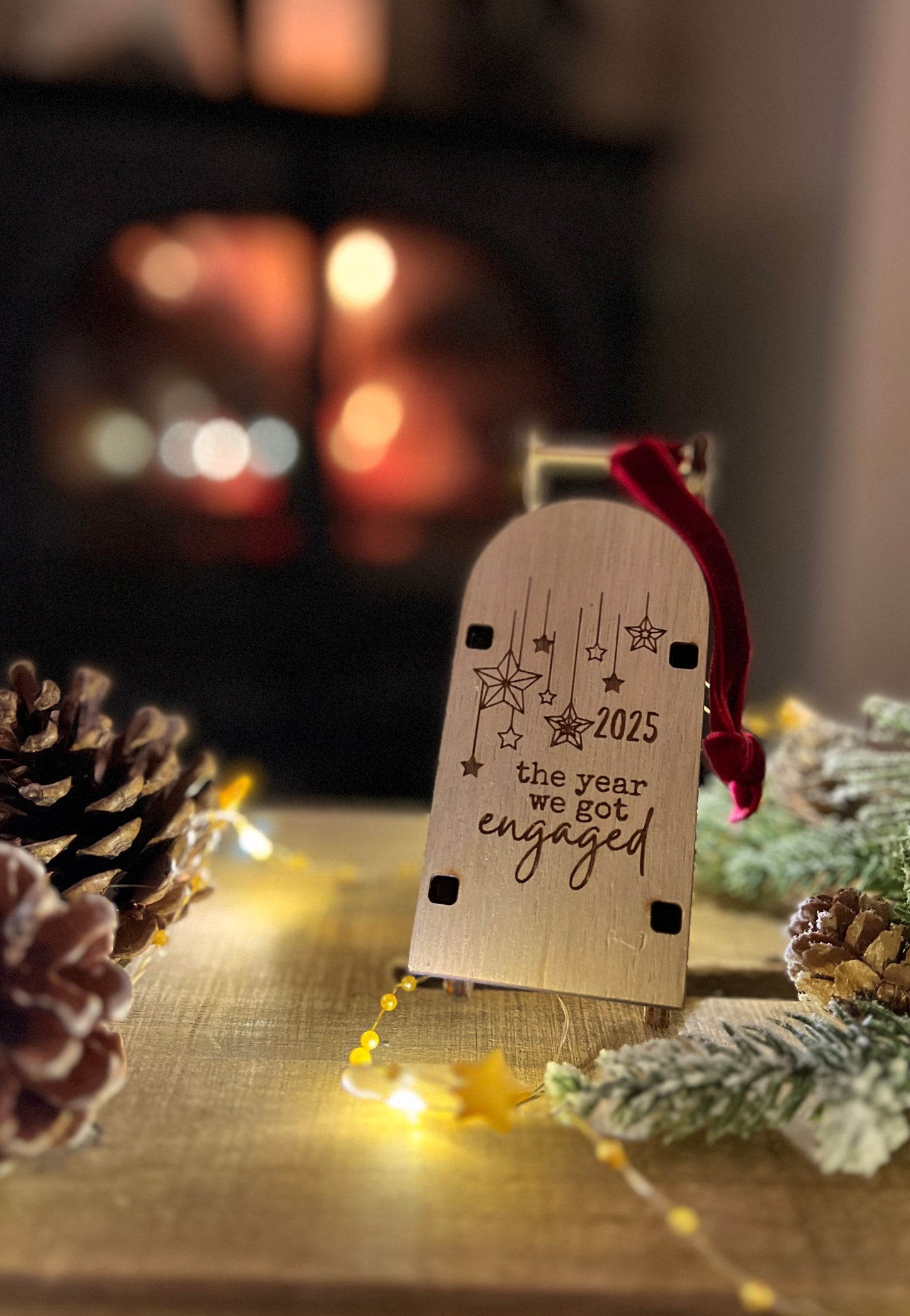 Engaged 2025 engraved wooden sleigh tree decoration