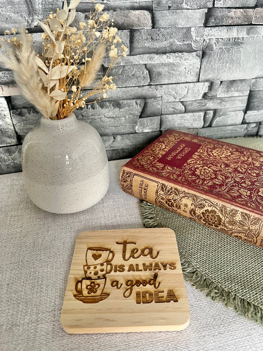 Tea good idea wooden engraved coaster