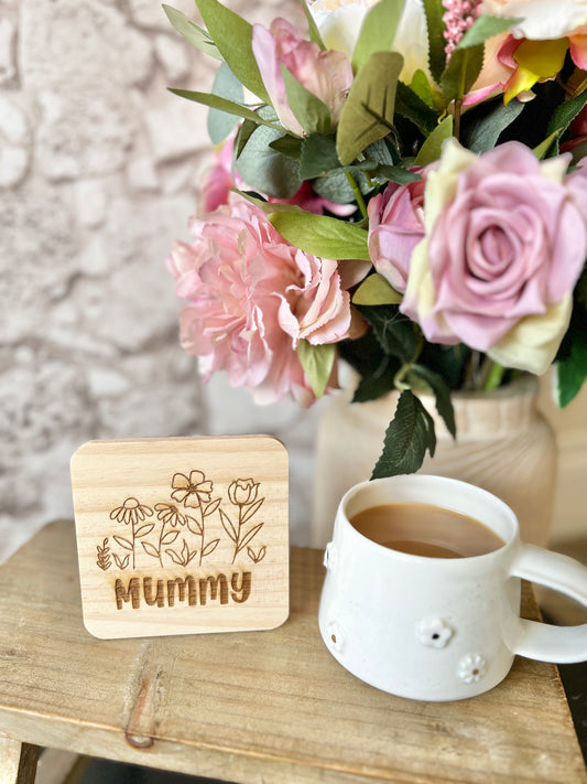 Mummy wildflowers engraved wooden coaster