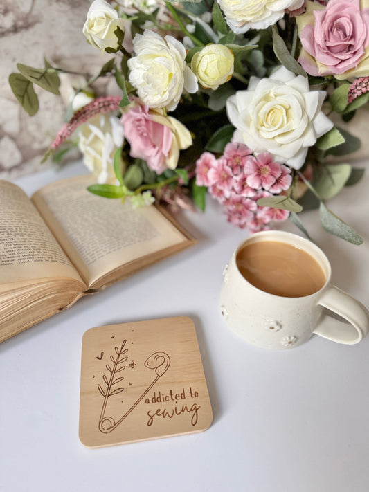 Addicted to sewing engraved wooden coaster